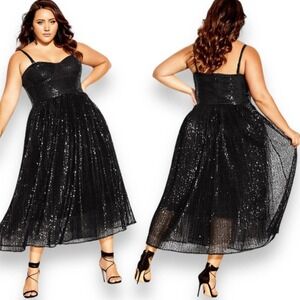 City Chic Luxe NWT Black Sequin Pleated Aurora Fit & Flare Maxi Midi Dress Sz 12